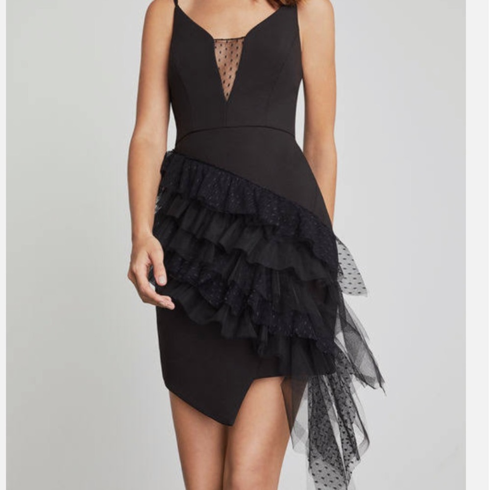 BCBGMAXAZRIA Women's Asymmetrical Ruffle Sheath Dress